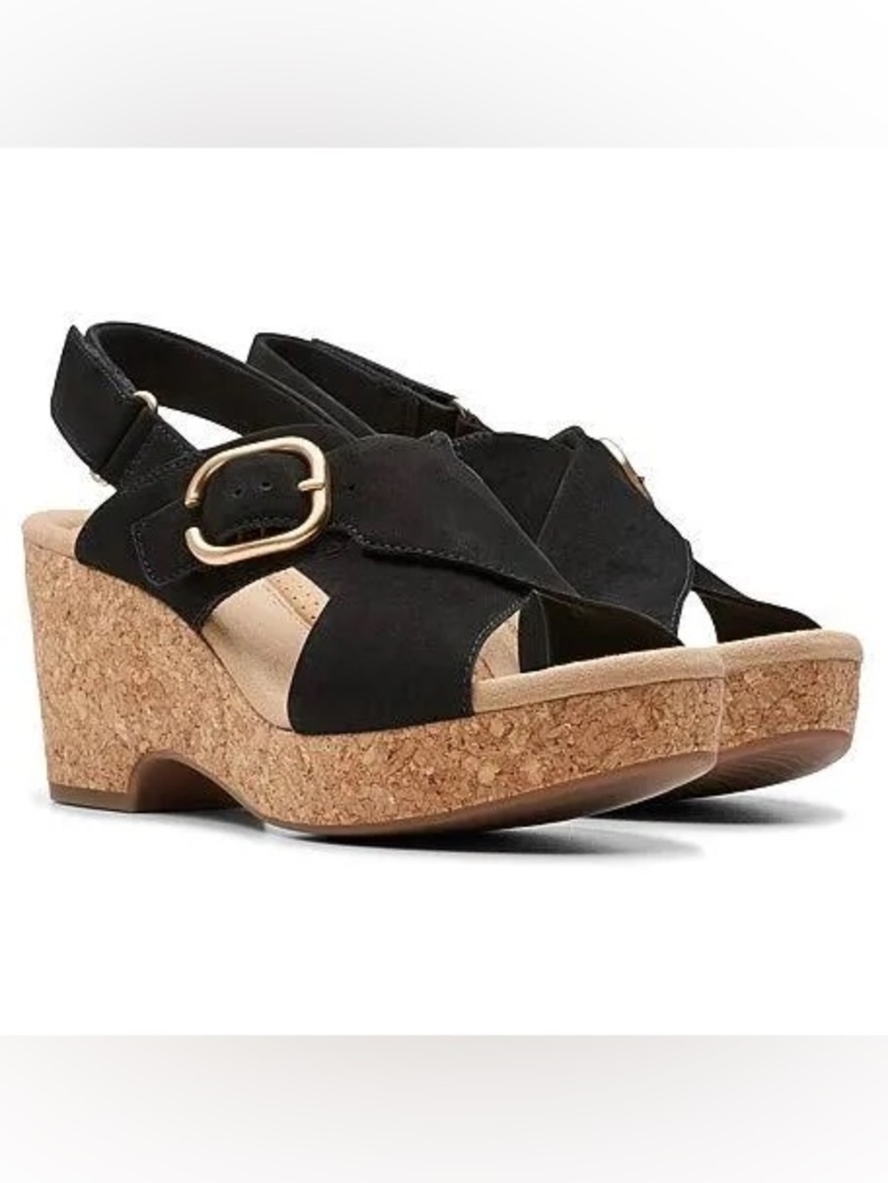 Clarks Giselle Black Cork Wedge Sandals Size 10